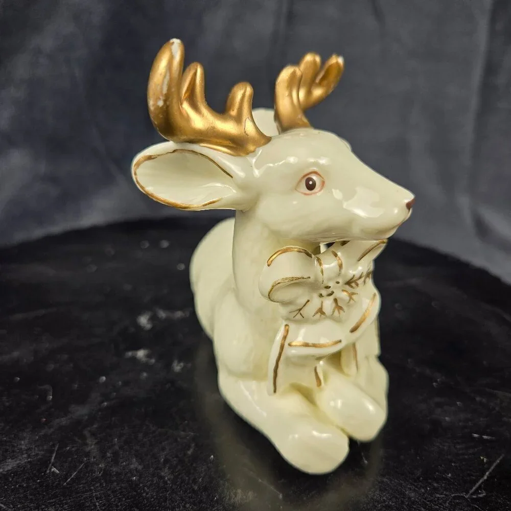 Vintage Ceramic Reindeer Figurine with Bow and Bells Cream Gold Accent Christmas